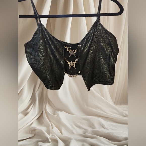 SHEIN Tops - SHEIN Faux Leather Snakeskin Top with Butterfly Hardware